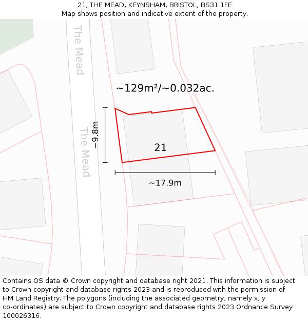 21, THE MEAD, KEYNSHAM, BRISTOL, BS31 1FE: Plot and title map