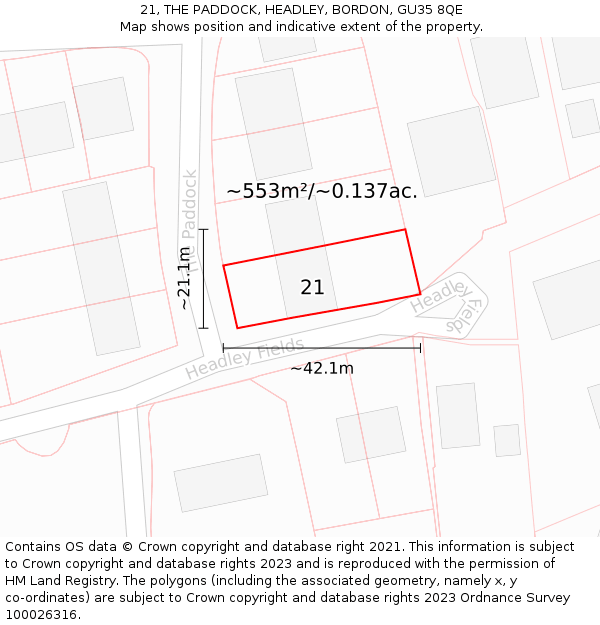 21, THE PADDOCK, HEADLEY, BORDON, GU35 8QE: Plot and title map