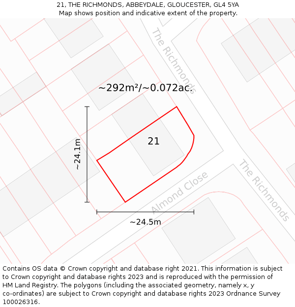 21, THE RICHMONDS, ABBEYDALE, GLOUCESTER, GL4 5YA: Plot and title map