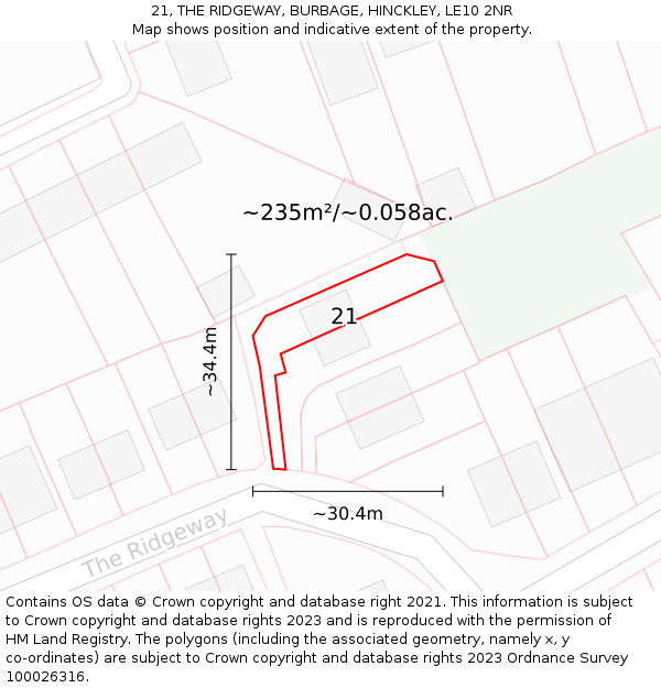 21, THE RIDGEWAY, BURBAGE, HINCKLEY, LE10 2NR: Plot and title map