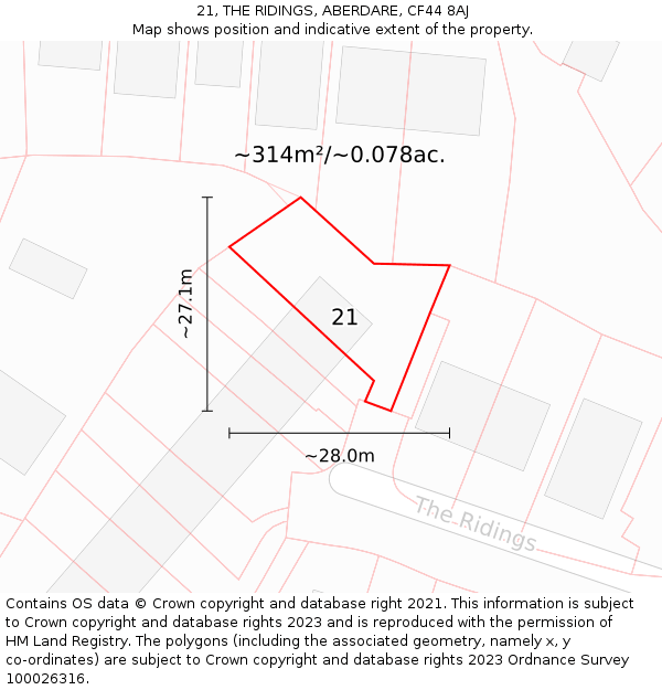 21, THE RIDINGS, ABERDARE, CF44 8AJ: Plot and title map