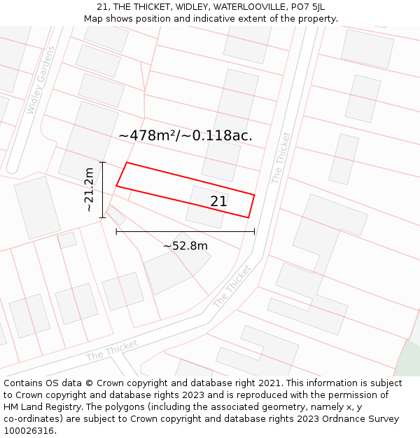 21, THE THICKET, WIDLEY, WATERLOOVILLE, PO7 5JL: Plot and title map