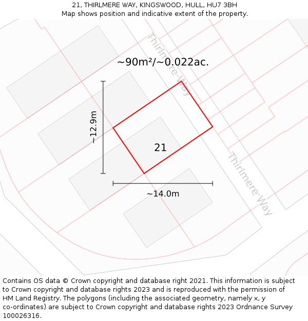 21, THIRLMERE WAY, KINGSWOOD, HULL, HU7 3BH: Plot and title map