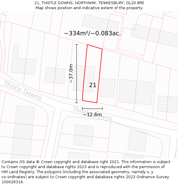 21, THISTLE DOWNS, NORTHWAY, TEWKESBURY, GL20 8RE: Plot and title map