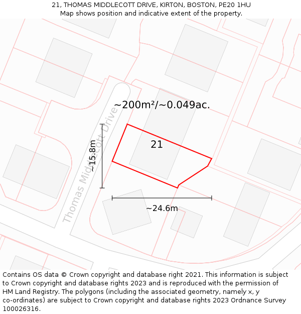 21, THOMAS MIDDLECOTT DRIVE, KIRTON, BOSTON, PE20 1HU: Plot and title map