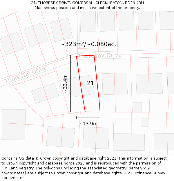 21, THORESBY DRIVE, GOMERSAL, CLECKHEATON, BD19 4RN: Plot and title map