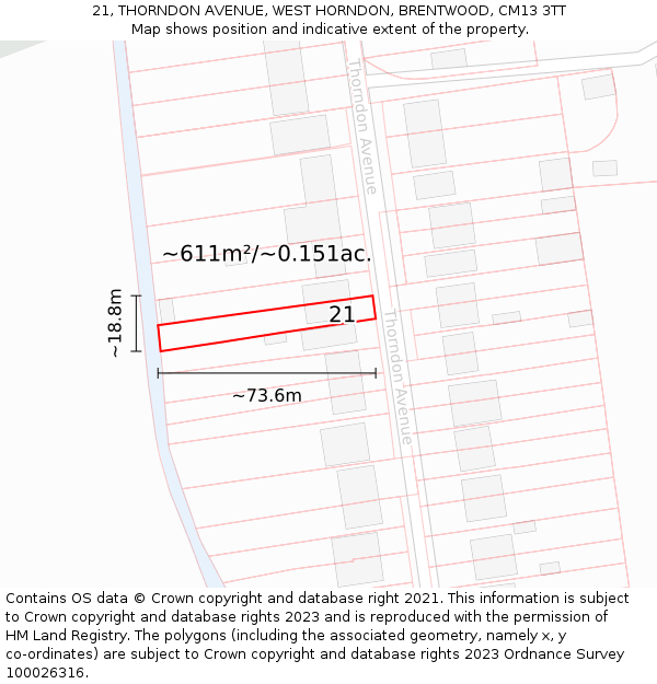 21, THORNDON AVENUE, WEST HORNDON, BRENTWOOD, CM13 3TT: Plot and title map