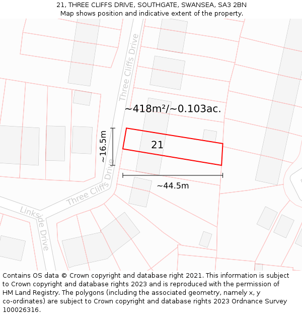 21, THREE CLIFFS DRIVE, SOUTHGATE, SWANSEA, SA3 2BN: Plot and title map