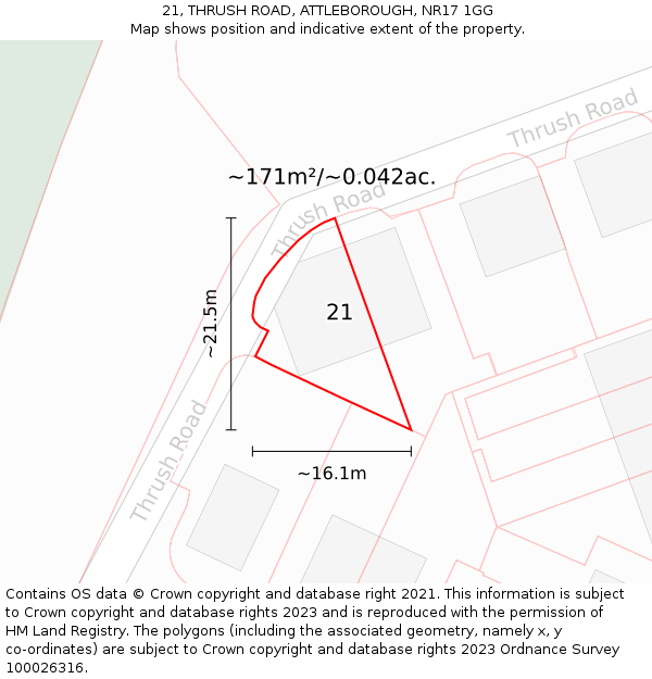 21, THRUSH ROAD, ATTLEBOROUGH, NR17 1GG: Plot and title map