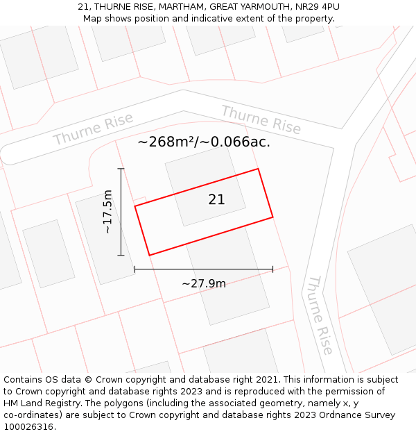 21, THURNE RISE, MARTHAM, GREAT YARMOUTH, NR29 4PU: Plot and title map
