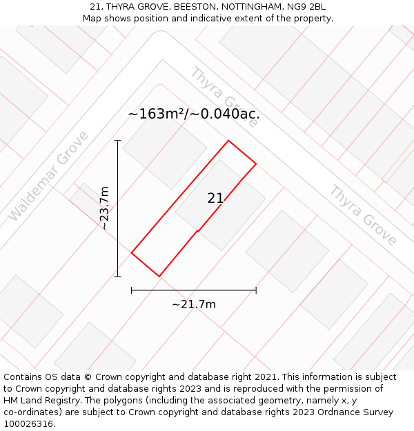 21, THYRA GROVE, BEESTON, NOTTINGHAM, NG9 2BL: Plot and title map