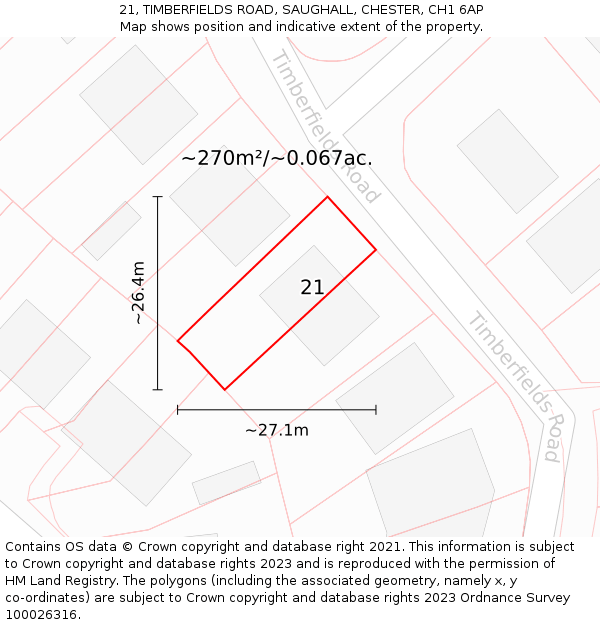 21, TIMBERFIELDS ROAD, SAUGHALL, CHESTER, CH1 6AP: Plot and title map