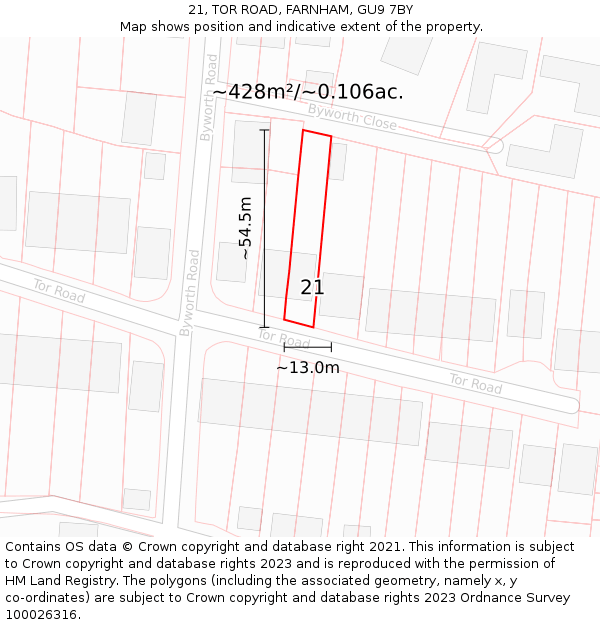 21, TOR ROAD, FARNHAM, GU9 7BY: Plot and title map