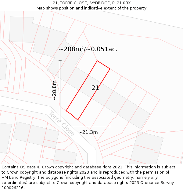 21, TORRE CLOSE, IVYBRIDGE, PL21 0BX: Plot and title map