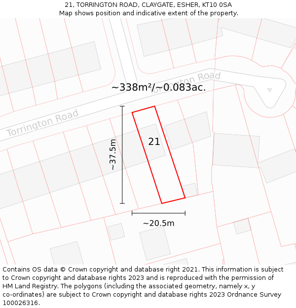 21, TORRINGTON ROAD, CLAYGATE, ESHER, KT10 0SA: Plot and title map