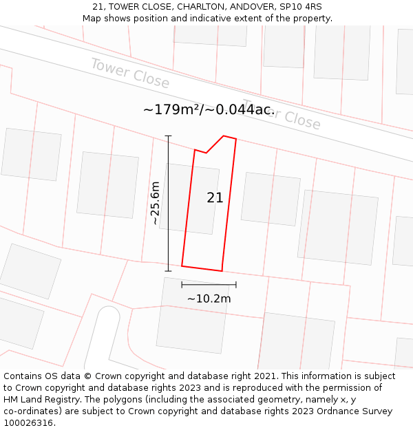21, TOWER CLOSE, CHARLTON, ANDOVER, SP10 4RS: Plot and title map
