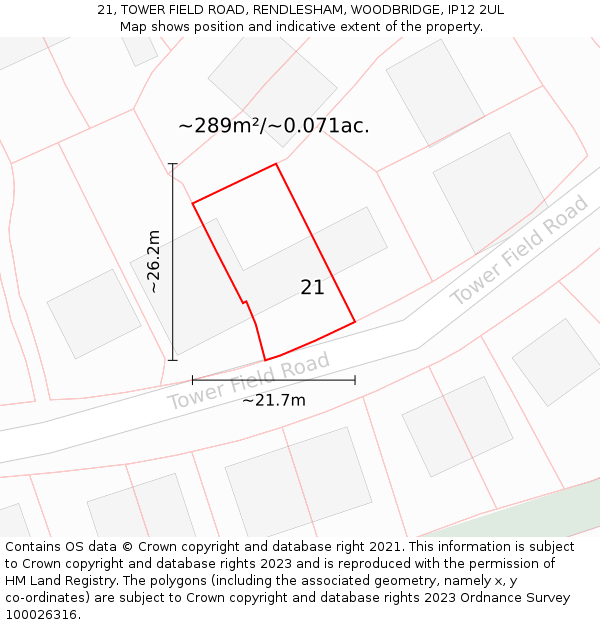 21, TOWER FIELD ROAD, RENDLESHAM, WOODBRIDGE, IP12 2UL: Plot and title map