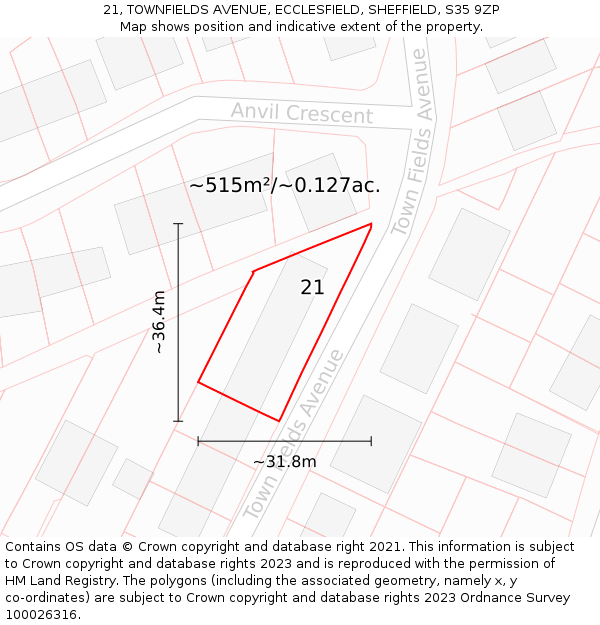 21, TOWNFIELDS AVENUE, ECCLESFIELD, SHEFFIELD, S35 9ZP: Plot and title map