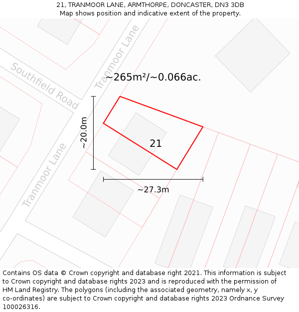 21, TRANMOOR LANE, ARMTHORPE, DONCASTER, DN3 3DB: Plot and title map