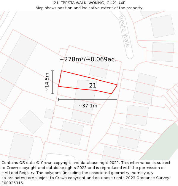 21, TRESTA WALK, WOKING, GU21 4XF: Plot and title map