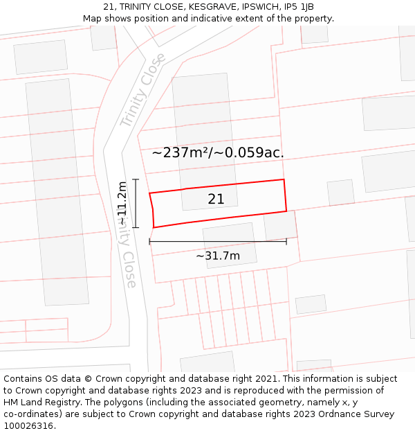 21, TRINITY CLOSE, KESGRAVE, IPSWICH, IP5 1JB: Plot and title map