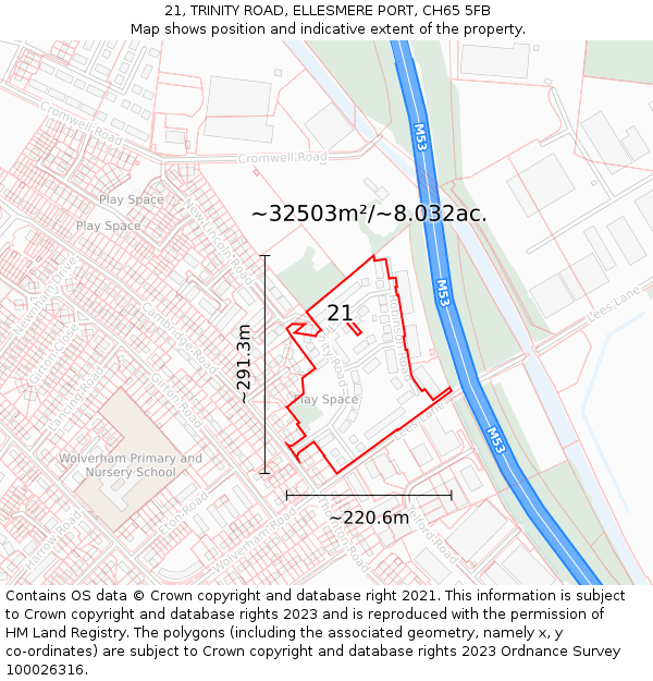 21, TRINITY ROAD, ELLESMERE PORT, CH65 5FB: Plot and title map