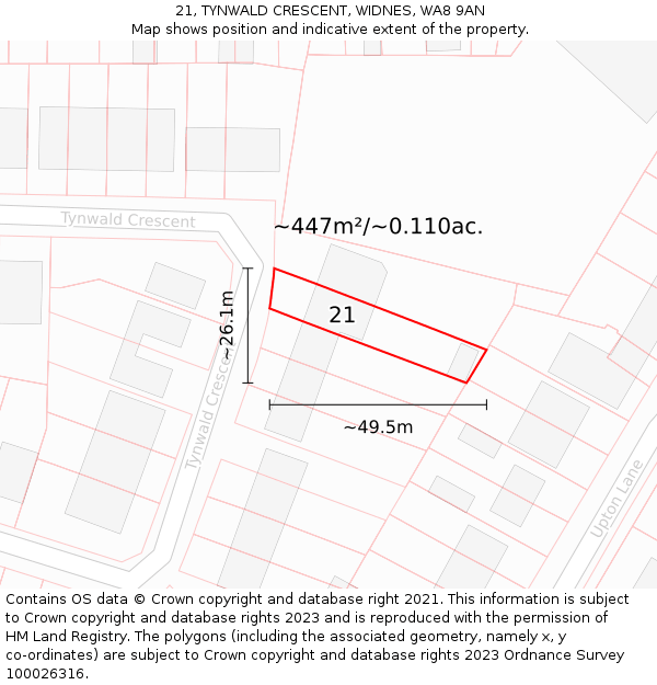 21, TYNWALD CRESCENT, WIDNES, WA8 9AN: Plot and title map