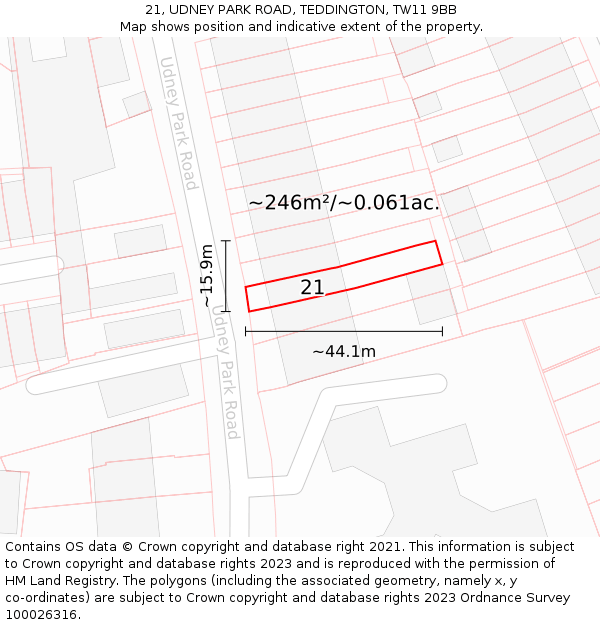 21, UDNEY PARK ROAD, TEDDINGTON, TW11 9BB: Plot and title map