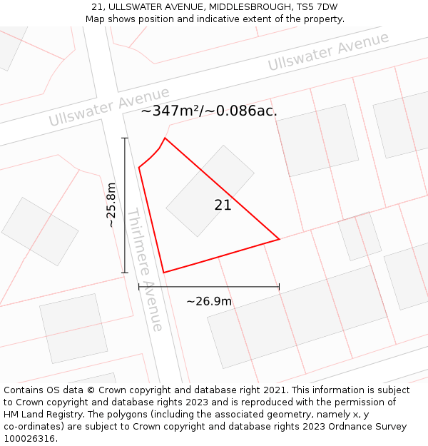 21, ULLSWATER AVENUE, MIDDLESBROUGH, TS5 7DW: Plot and title map