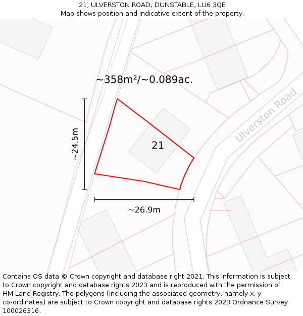 21, ULVERSTON ROAD, DUNSTABLE, LU6 3QE: Plot and title map