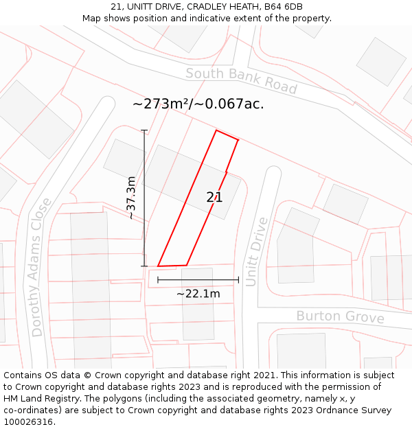 21, UNITT DRIVE, CRADLEY HEATH, B64 6DB: Plot and title map