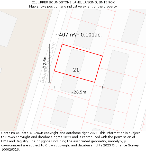 21, UPPER BOUNDSTONE LANE, LANCING, BN15 9QX: Plot and title map