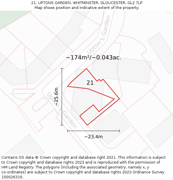 21, UPTONS GARDEN, WHITMINSTER, GLOUCESTER, GL2 7LP: Plot and title map