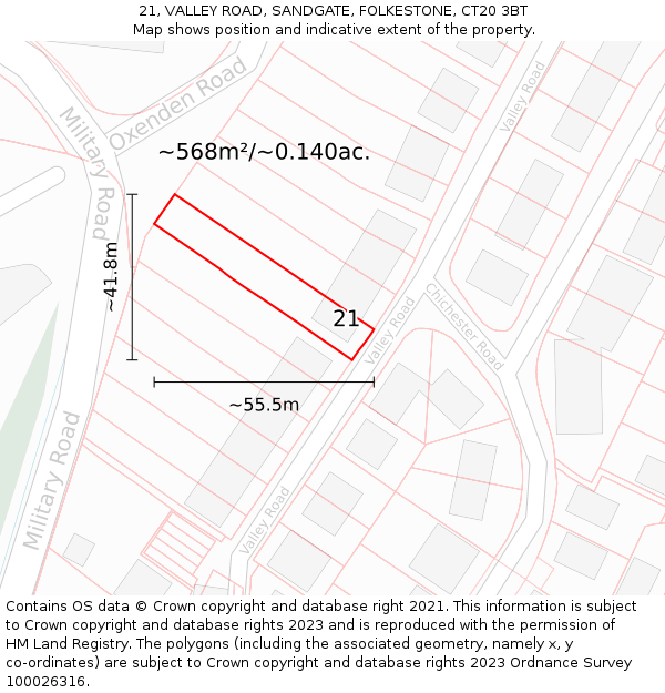 21, VALLEY ROAD, SANDGATE, FOLKESTONE, CT20 3BT: Plot and title map