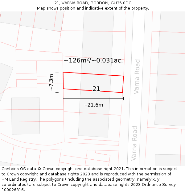 21, VARNA ROAD, BORDON, GU35 0DG: Plot and title map