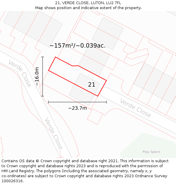 21, VERDE CLOSE, LUTON, LU2 7FL: Plot and title map
