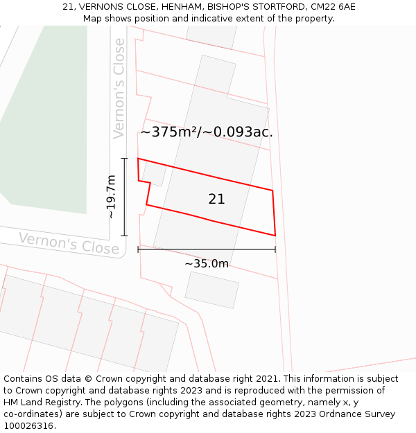 21, VERNONS CLOSE, HENHAM, BISHOP'S STORTFORD, CM22 6AE: Plot and title map