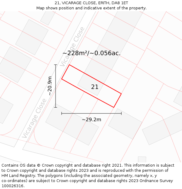 21, VICARAGE CLOSE, ERITH, DA8 1ET: Plot and title map