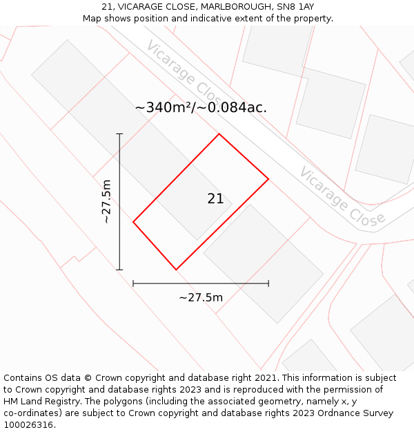 21, VICARAGE CLOSE, MARLBOROUGH, SN8 1AY: Plot and title map