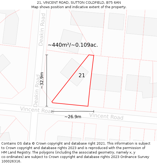 21, VINCENT ROAD, SUTTON COLDFIELD, B75 6AN: Plot and title map