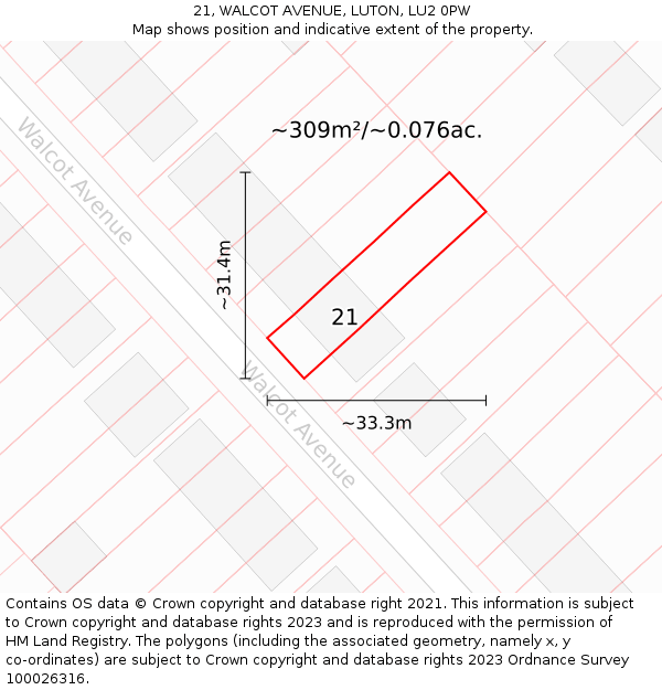 21, WALCOT AVENUE, LUTON, LU2 0PW: Plot and title map