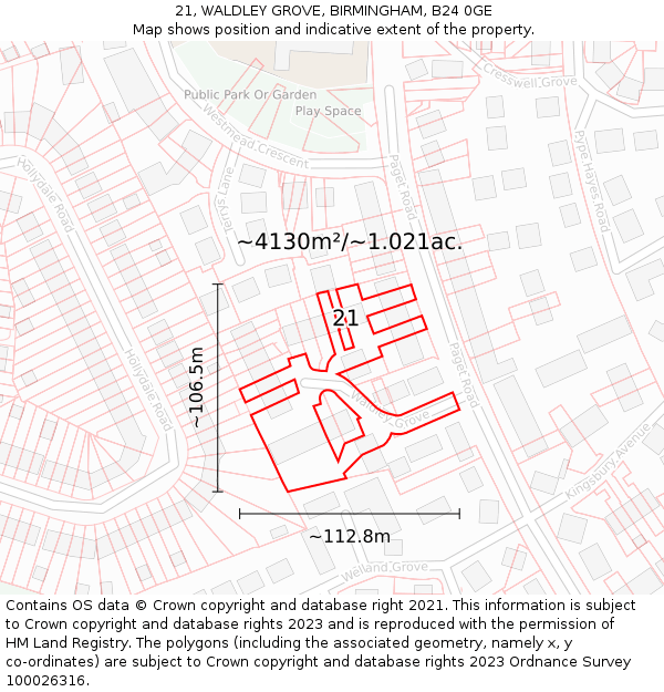 21, WALDLEY GROVE, BIRMINGHAM, B24 0GE: Plot and title map