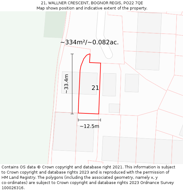 21, WALLNER CRESCENT, BOGNOR REGIS, PO22 7QE: Plot and title map