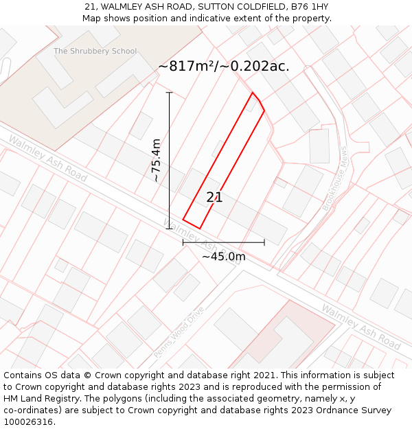 21, WALMLEY ASH ROAD, SUTTON COLDFIELD, B76 1HY: Plot and title map
