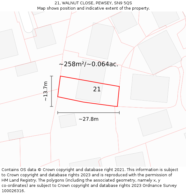 21, WALNUT CLOSE, PEWSEY, SN9 5QS: Plot and title map