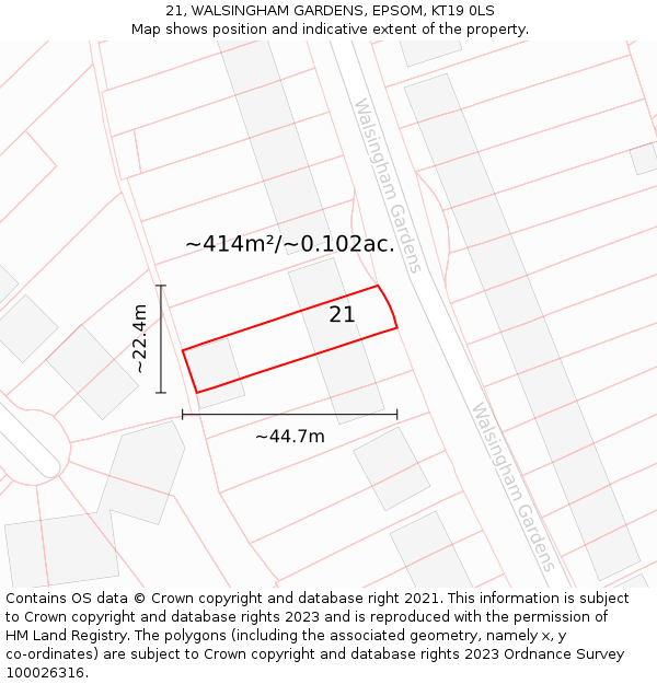 21, WALSINGHAM GARDENS, EPSOM, KT19 0LS: Plot and title map