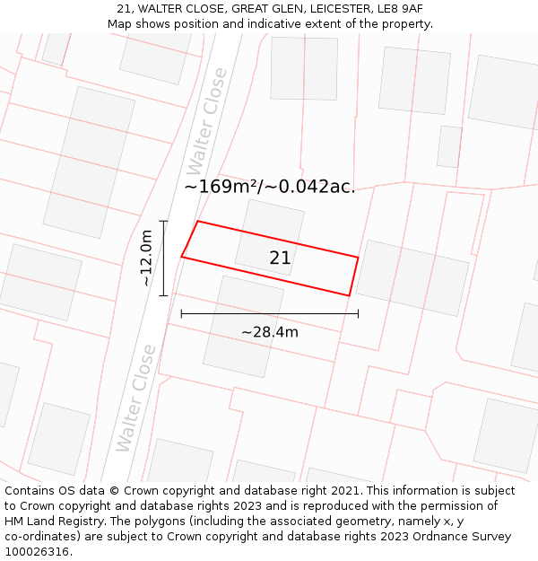 21, WALTER CLOSE, GREAT GLEN, LEICESTER, LE8 9AF: Plot and title map