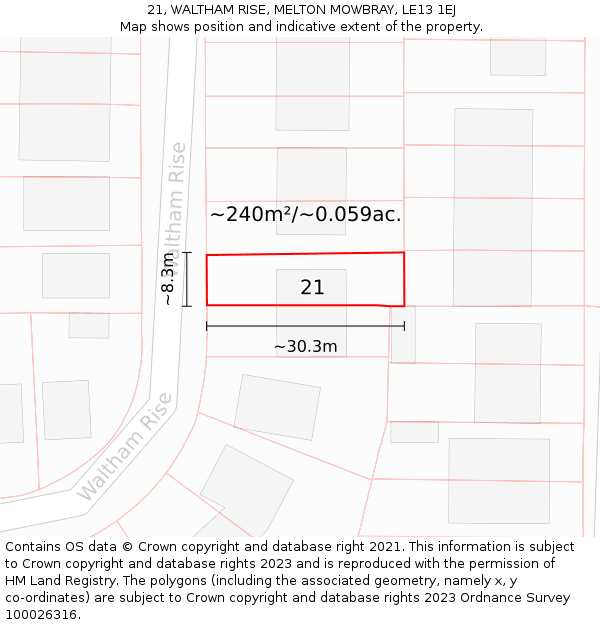 21, WALTHAM RISE, MELTON MOWBRAY, LE13 1EJ: Plot and title map
