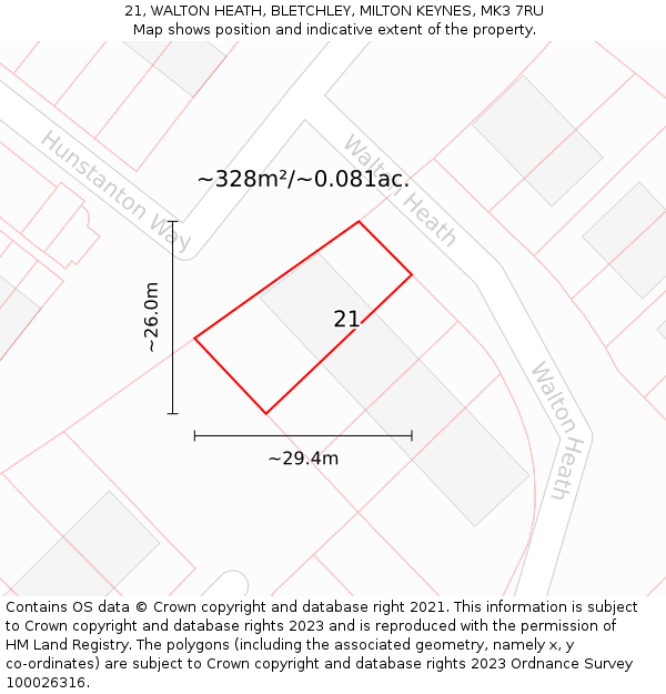 21, WALTON HEATH, BLETCHLEY, MILTON KEYNES, MK3 7RU: Plot and title map