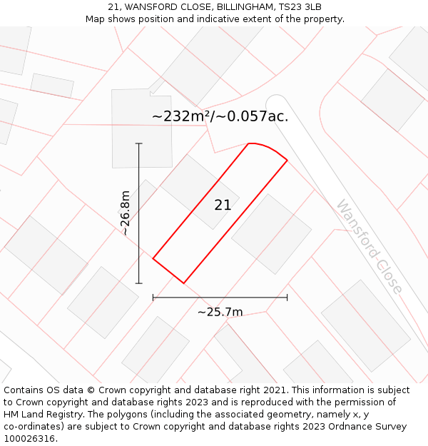 21, WANSFORD CLOSE, BILLINGHAM, TS23 3LB: Plot and title map